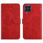 For Samsung Galaxy M33 Skin Feel Butterfly Peony Embossed Leather Phone Case(Red)