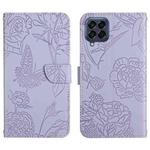 For Samsung Galaxy M53 Skin Feel Butterfly Peony Embossed Leather Phone Case(Purple)