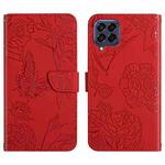 For Samsung Galaxy M53 Skin Feel Butterfly Peony Embossed Leather Phone Case(Red)