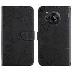 For Sharp Aquos R7 Skin Feel Butterfly Peony Embossed Leather Phone Case(Black)