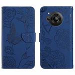 For Sharp Aquos R7 Skin Feel Butterfly Peony Embossed Leather Phone Case(Blue)