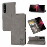 For Sony Xperia 1 IV Embossed Happy Cat Pattern Leather Phone Case(Grey)