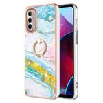 For Motorola Moto G Stylus 2022 Electroplating Marble Pattern TPU Phone Case with Ring(Green 004)