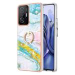 For Xiaomi 11T / 11T Pro Electroplating Marble Pattern TPU Phone Case with Ring(Green 004)