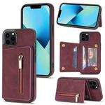 For iPhone 13 Pro Max Zipper Card Holder Phone Case (Wine Red)