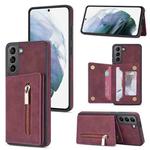 For Samsung Galaxy S21 5G Zipper Card Holder Phone Case(Wine Red)