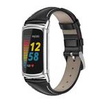 For Fitbit Charge5 Mijobs Genuine Leather Slim Watch Band(Black+Silver)