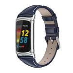 For Fitbit Charge5 Mijobs Genuine Leather Slim Watch Band(Blue+Silver)
