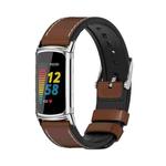 For Fitbit Charge5 Mijobs TPU + Leather Watch Band(Brown+Silver)