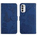 For Motorola Moto G82 Skin Feel Butterfly Peony Embossed Leather Phone Case(Blue)