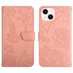 For iPhone 14 Skin Feel Butterfly Peony Embossed Leather Phone Case (Pink)