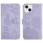 For iPhone 14 Plus Skin Feel Butterfly Peony Embossed Leather Phone Case  (Purple)