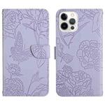 For iPhone 14 Pro Skin Feel Butterfly Peony Embossed Leather Phone Case (Purple)