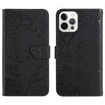 For iPhone 14 Pro Skin Feel Butterfly Peony Embossed Leather Phone Case (Black)