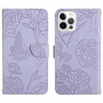 For iPhone 14 Pro Max Skin Feel Butterfly Peony Embossed Leather Phone Case (Purple)