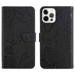 For iPhone 14 Pro Max Skin Feel Butterfly Peony Embossed Leather Phone Case (Black)