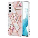 For Samsung Galaxy S22+ 5G Splicing Marble Flower Pattern TPU Ring Holder Case(Pink Flower)