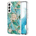 For Samsung Galaxy S22+ 5G Splicing Marble Flower Pattern TPU Ring Holder Case(Blue Flower)