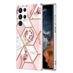For Samsung Galaxy S22 Ultra 5G Splicing Marble Flower Pattern TPU Ring Holder Case(Pink Flower)