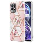 For OPPO Realme 8i Splicing Marble Flower Pattern TPU Ring Holder Case(Pink Flower)