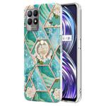 For OPPO Realme 8i Splicing Marble Flower Pattern TPU Ring Holder Case(Blue Flower)