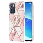 For OPPO Reno6 5G Splicing Marble Flower Pattern TPU Ring Holder Case(Pink Flower)