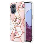 For OnePlus Nord N20 5G Splicing Marble Flower Pattern TPU Ring Holder Case(Pink Flower)