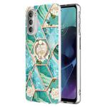 For Motorola Moto G51 5G Splicing Marble Flower Pattern TPU Ring Holder Case(Blue Flower)