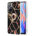 For Xiaomi Redmi Note 11 5G Chinese Splicing Marble Flower Pattern TPU Ring Holder Case(Black Flower)