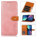 For iPhone 14 KHAZNEH Dual-color Cowhide Texture Flip Leather Phone Case (Rose Gold)