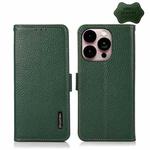 For iPhone 14 Pro Max KHAZNEH Side-Magnetic Litchi Genuine Leather RFID Phone Case (Green)