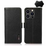 For iPhone 14 Pro KHAZNEH Side-Magnetic Litchi Genuine Leather RFID Phone Case (Black)