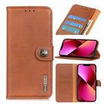 For iPhone 14 KHAZNEH Cowhide Texture Horizontal Flip Leather Phone Case (Brown)