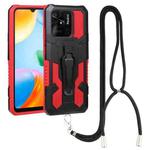 For Xiaomi Redmi 10C Lanyard Mecha Armor Kickstand PC + TPU Phone Case(Red)