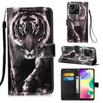 For Xiaomi Redmi 10A Colored Drawing Plain Weave Leather Phone Case(Black White Tiger)