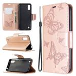 For Galaxy A01 Two Butterflies Embossing Pattern Horizontal Flip Leather Case with Holder & Card Slot & Wallet & Lanyard(Rose Gold)