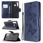 For Galaxy A21 Two Butterflies Embossing Pattern Horizontal Flip Leather Case with Holder & Card Slot & Wallet & Lanyard(Dark Blue)