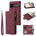 For Google Pixel 6 Pro Multifunctional Frosted Zipper Wallet Leather Phone Case(Wine Red)
