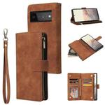 For Google Pixel 6 Pro Multifunctional Frosted Zipper Wallet Leather Phone Case(Brown)