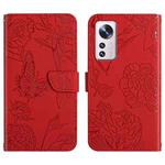 For Xiaomi 12 Lite Skin Feel Butterfly Peony Embossed Leather Phone Case(Red)