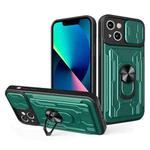 For iPhone 14 Sliding Camshield TPU+PC Phone Case with Card Slot (Dark Green)