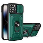 For iPhone 14 Pro Sliding Camshield TPU+PC Phone Case with Card Slot (Dark Green)