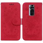 For Tecno Phantom X Butterfly Rose Embossed Leather Phone Case(Red)