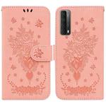 For Huawei P Smart 2021 / Y7a Butterfly Rose Embossed Leather Phone Case(Pink)