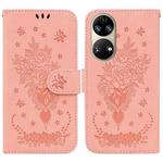 For Huawei P50 Butterfly Rose Embossed Leather Phone Case(Pink)