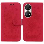 For Huawei P50 Pro Butterfly Rose Embossed Leather Phone Case(Red)