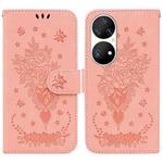 For Huawei P50 Pro Butterfly Rose Embossed Leather Phone Case(Pink)
