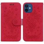 For iPhone 12 / 12 Pro Butterfly Rose Embossed Leather Phone Case(Red)