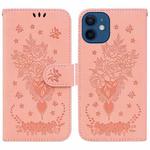 For iPhone 12 / 12 Pro Butterfly Rose Embossed Leather Phone Case(Pink)