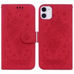 For iPhone 11 Butterfly Rose Embossed Leather Phone Case (Red)